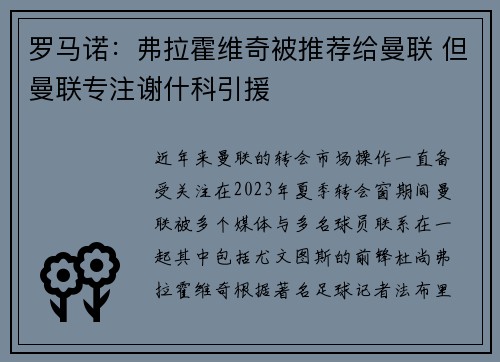 罗马诺：弗拉霍维奇被推荐给曼联 但曼联专注谢什科引援